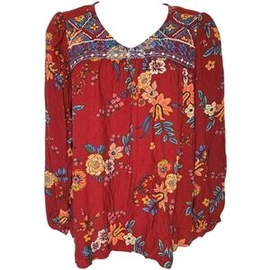 Beach Lunch Lounge Wom XS Fall Boho Dark Floral Long Sleeve Blouse V Neck EUC